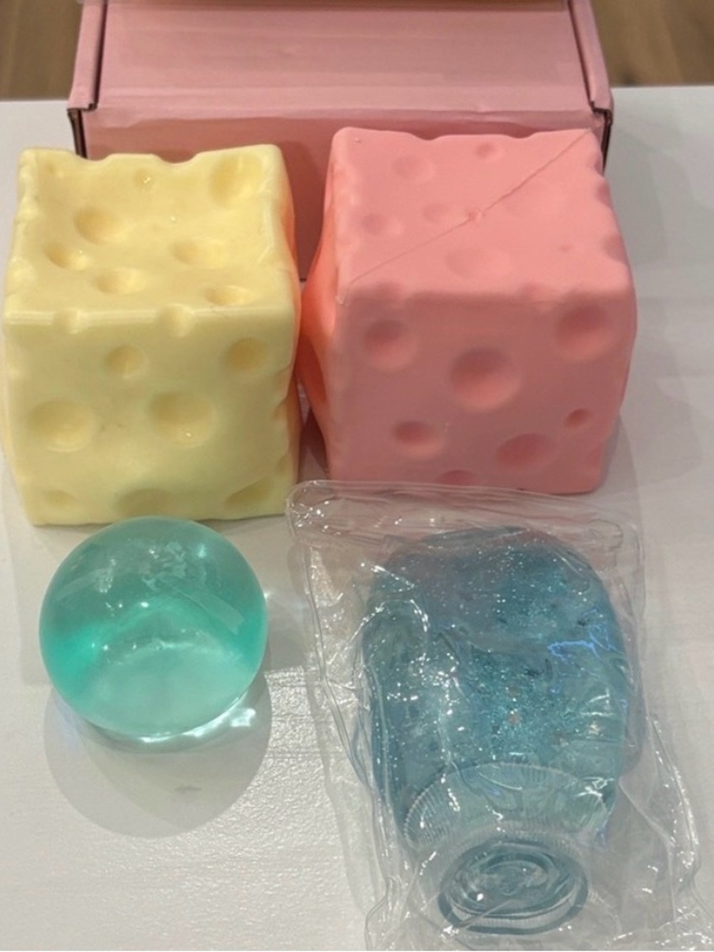 2 no bounce cheese ( Can do pink & Purple also) 1 Coconut squish&toothpasteSquis